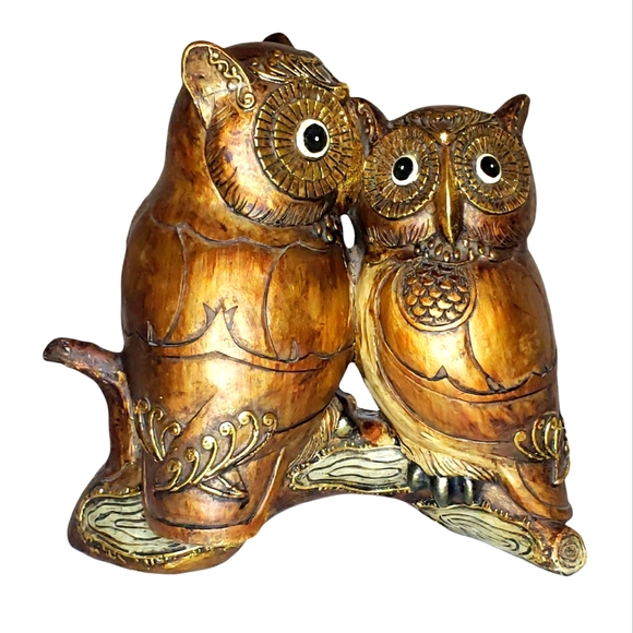 Ceramic Owls on Log Gold Mirror Details Decorative Display Owls - Picture 1 of 16